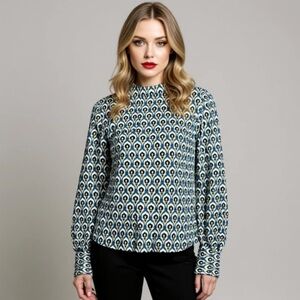 Cupcakes & Cashmere Peacock Abstract Printed Mock Neck Long Sleeve Blouse Small